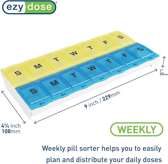 EZY DOSE Pill Organizer Weekly AM/PM (7-Day), Medicine Planner, Vitamin Case/Box, 2X-Large Locking Compartments to Secure Prescription and Prevent Accidental Spilling, Blue and Yellow, BPA Free