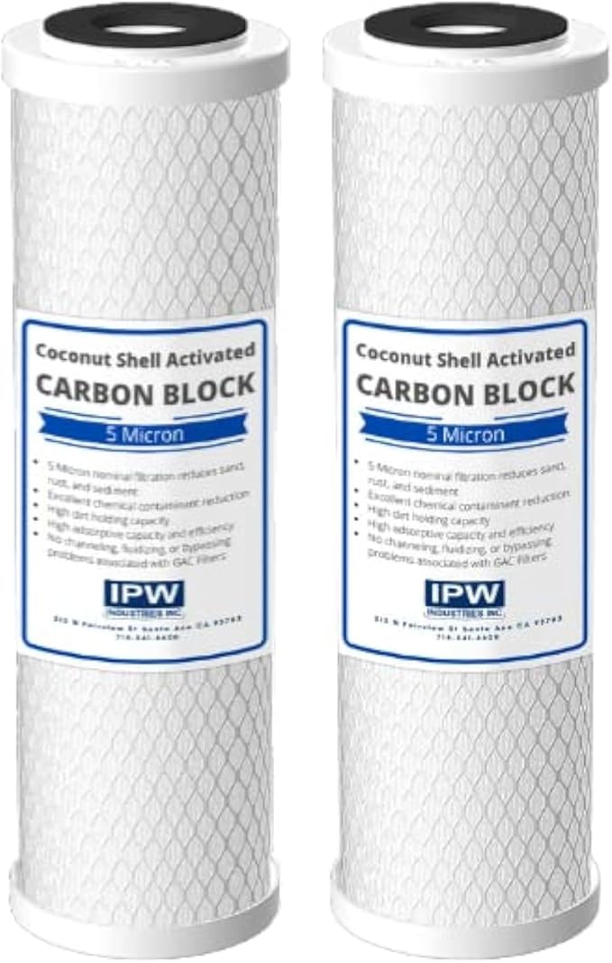 IPW Industries Inc. 2-Pack 5 Micron Carbon Block Water Filter - 10" x 2.5" Carbon Block Filter Cartridge Replacements for Crystal Quest CQE-RC-04000