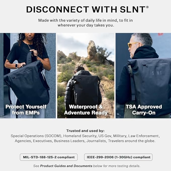 Silent Pocket SLNT Faraday Waterproof Backpack Signal Blocking Dry Bag Protects Against Identity Theft for Work, Travel, Hiking - Blocks RFID, WiFi, Bluetooth, NFC, Cellular, GPS, EMF