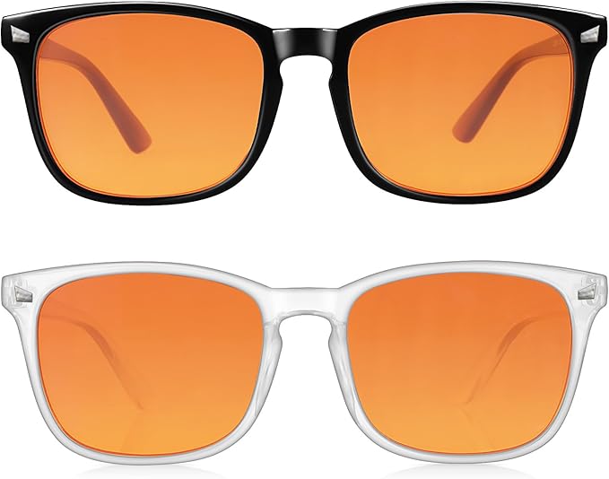 2 Packs Professional Sleep Glasses with 98.7% Blue Light Blocking Dual AR Coatings Amber Lens, Computer Gaming Glasses for Men Women, Anti Fatigue & Eye Strain