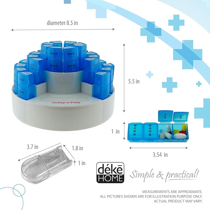 Deke Home - 31 Day Monthly Pill Organizer XL with Pill Cutter, BPA-Free, 4 Times a Day (AM PM), Large Pill Box for Multiple Daily Doses, Removable Compartments, Hard Case Travel Dispenser