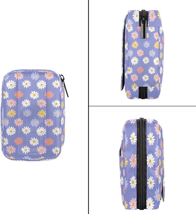 Cute Purple Daisies Pill Case Everyday Travel, 7 Day Weekly Medicine Pill Box Compact Portable Pills Bottle Organizer with Zipper for Daily Vitamin Medicine Holder Bottle Organizers Bag