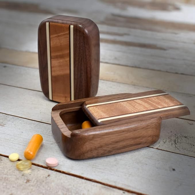 American Made Pocket-Sized Pill Box (Standard Size) - Walnut Wood with Inlaid Burl Maple