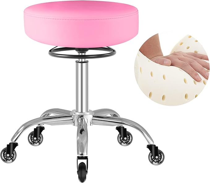 Rolling Stool with Wheels 400lbs Weight Capacity,Heavy Duty Lash Chair Adjustable for Tatoo Lab Massage Salon Spa Drafting Nail Teach,360 Swivel,Leather,Thick Seat Padding (Pink)