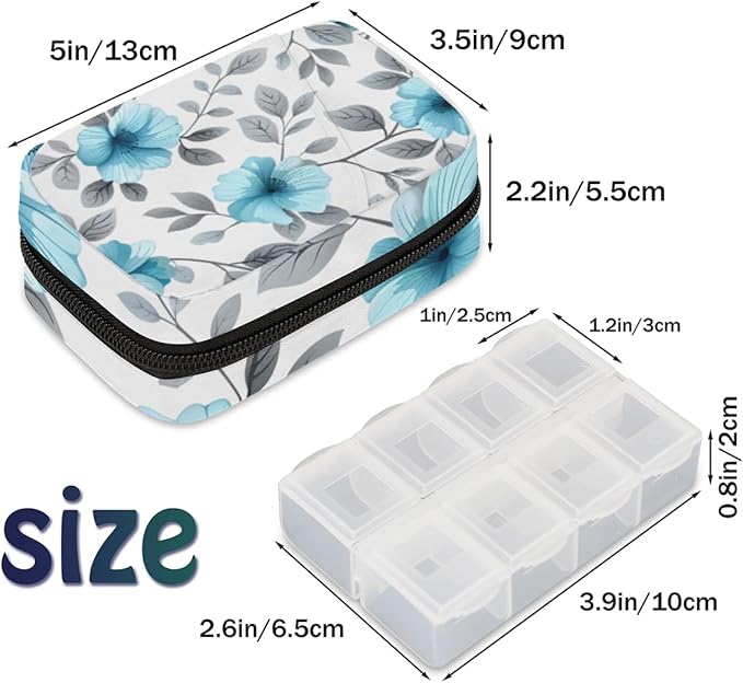 Portable Pills Organizer for Purse, Pill Cases Organizers 7 Day Medicine Travel Case, Personal Week Pill Organizer Cute Zipper Medication Bag Containers for Vitamin, Supplement (Blue Floral)