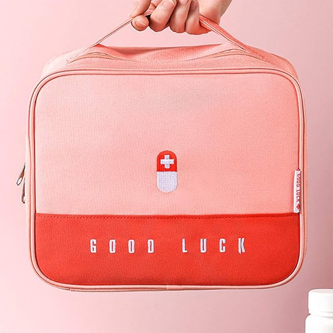First Aid Kit Bag Empty Travel Medication Pouch Big Zippered Oxford Medical Survival Kit Carrier Handy Medicine Pills Drugs Package Organizer with 5 Pocket+1 Main Holder-9.8x7.9x5.3Inch (Pink-L)