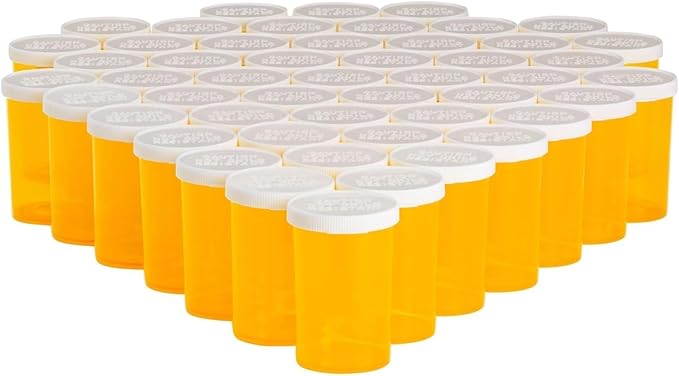 Juvale Empty Pill Bottles with Caps - Easy-Open Plastic Vials with Caps - Compact Travel Pill Bottles - 20 Dram, Orange, Pack of 50