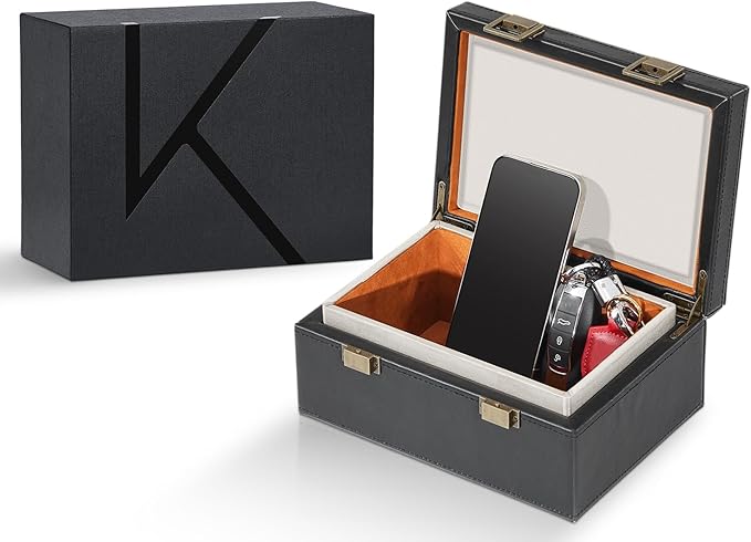 KK6 PLUS-BK Faraday Key Fob Protector Box, RFID Signal Blocking Shielding Box for Car Keys, Anti-Theft Vintage Faraday Cage with High-Grade Protein Leather, Black - Size: L