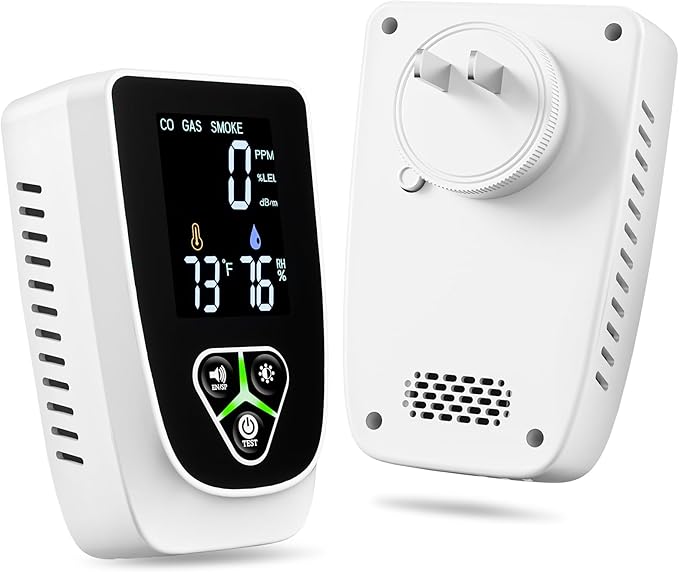 Gas Leak and Carbon Monoxide Detectors Plug in, 5-in-1 Portable CO Detector with Brightness Adjustment