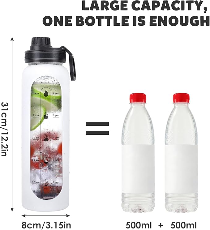 GIEMIT Glass Water Bottles 32oz with Silicone Sleeve Drinking Hydration Bottles Reusable Borosilicate Wide Mouth Motivational Water Flask Canteen with Time Marker Spout Lid and Brush (White - 32 oz)