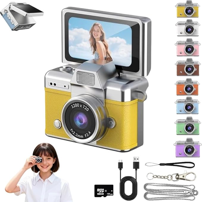 Mini Keychain Digital Camera Retro Mini Digital Video Camera Small bodycam 1080P FHD Recording with 0.96" IPS Screen with 6 Retro Filters AVI Format-Ideal for Phone Transfer (Yellow, 128G)
