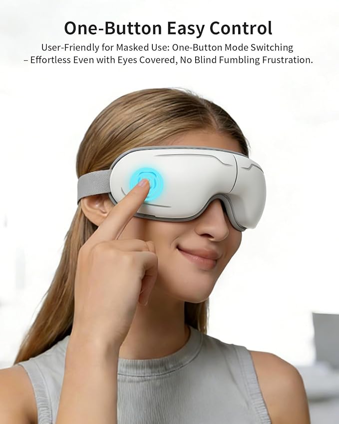 Eye Massager with Heat and Compression - Classic White Heated Eye Mask with Vibration, Bluetooth Music, 6 Modes, Rechargeable 1200mAh Battery for Eye Strain, Dry Eyes, Migraines Relief