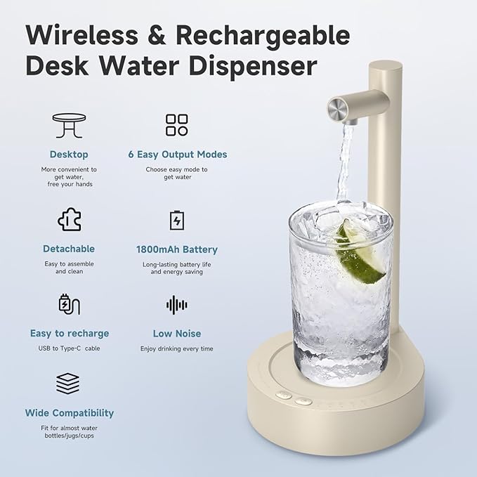 Water Dispenser for 5 Gallon Bottle – Desktop Electric Water Pump with USB-C Fast Charging, Portable 5 Gallon Water Jug Dispenser for Home, Office, Bedside & Countertop(Beige)