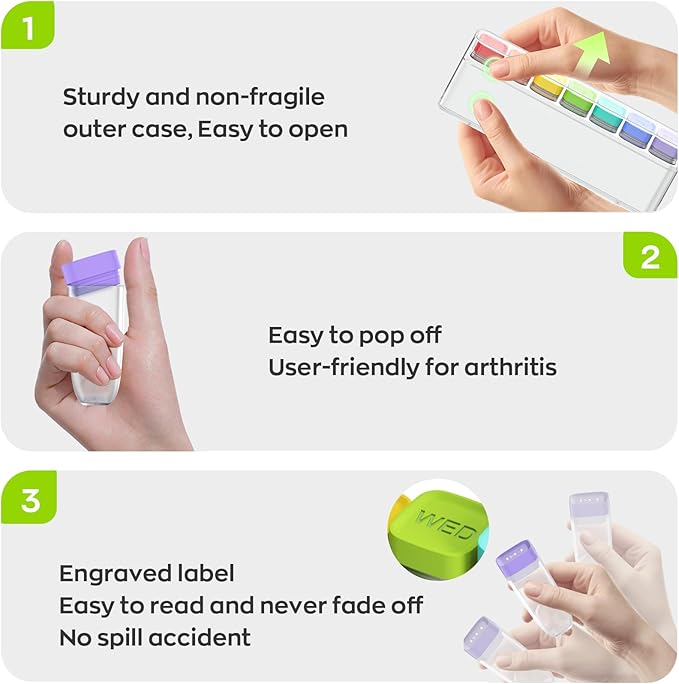 Weekly Pill Organizer 1 Time a Day, HIONXMGA Portable Detachable Travel Pill Box 7 Day, Large Once Daily Pill Holder Case, Color-Coded Dispenser for Vitamin Medicine Supplement Fish Oil, White