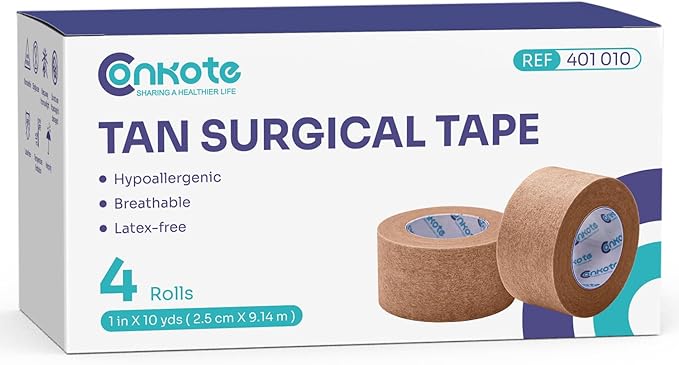Conkote Tan Paper Surgical Tape 1" x 10 Yards, Hypoallergenic Medical Tape, 4 Rolls