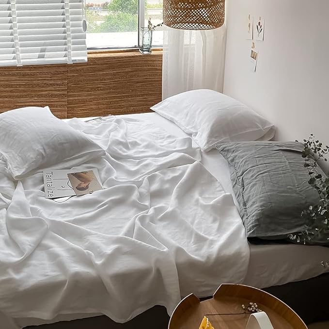 Simple&Opulence Washed Linen Bed Sheet Set Basic Style 4 Pieces (1 Flat Sheet & 1 Fitted Sheet & 2 Pillowcases) 100% Natural French Flax Soft Breathable Farmhouse Bedding (King, White)