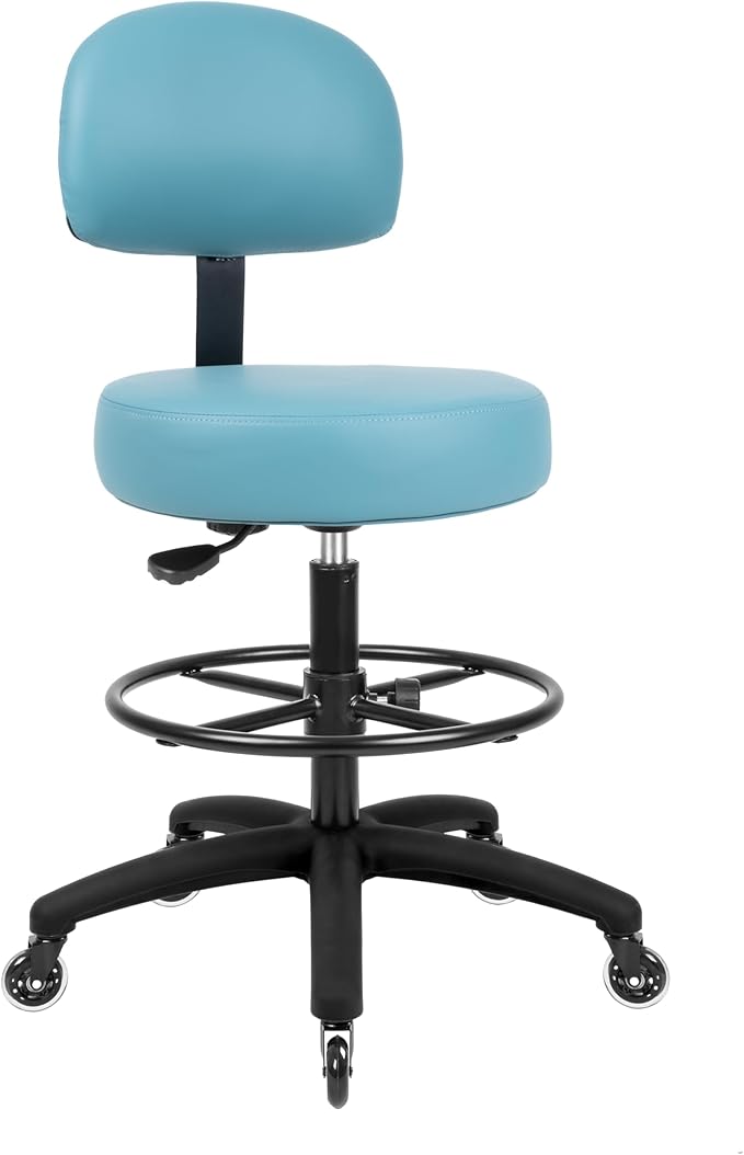 TAKE UR SEAT® Economical Multi-Purpose Medical Spa Drafting Stool with Adjustable seat and Back Height. Advanced Fabric seat Cover is Easy to Clean. Blade Wheels (Tall Bench Height Blue)