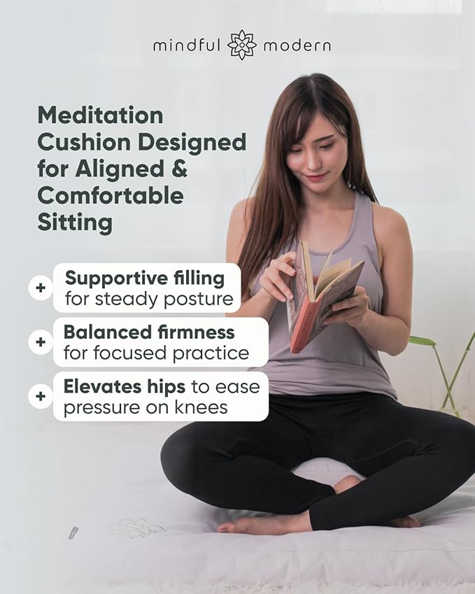 Mindful & Modern Large Meditation Cushion for Zafu Yoga - Meditation Pillow for Sitting on the Floor - Buckwheat Hull Filled Yoga Cushion with Removable, Washable 100% Cotton Cover and Carry Handle