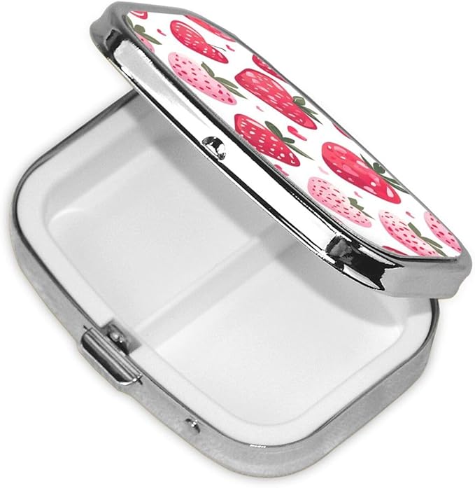 Cute Pink Strawberry Pattern Pill Box with Mirror 2 Compartment Metal Square Small Pill Case for Purse Pocket Portable Pill Container Holder Travel Medicine Organizer for Vitamin Fish Oil Supplement