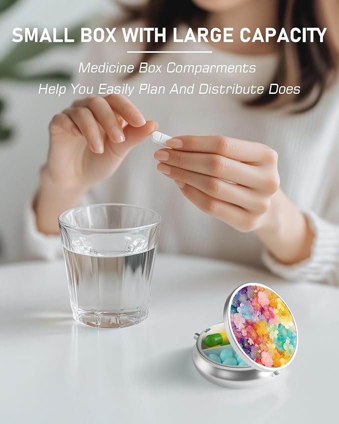 Pill Box, 3 Compartment Portable Travel Medicine Box with Mirror, Compact and Cute, Fits in Purse and Pocket, Medicine and Vitamin Organizer (Colorful Flowers)