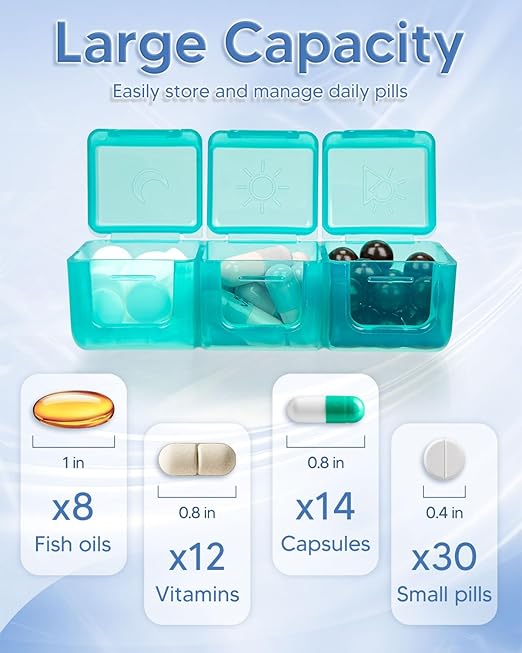 Monthly Pill Organizer 3 Times a Day, FRIWOLE Medicine Box with Portable Weekly Pill Bag, Pill Taker Remover, Pill Cutter and 2 Sticker (Purple, 3 Times a Day)