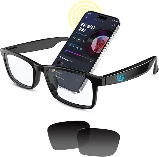 Smart Bluetooth Audio Glasses with Open-Ear Speakers, Extra UV400 Polarized Sunglass Lenses Included, Wireless Music & Calls, Compatible with iOS & Android, 5H Playtime
