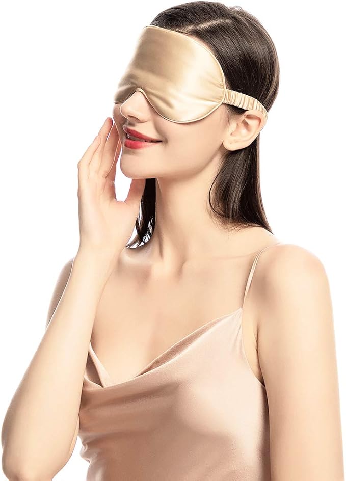 Mulberry Natural Silk Sleep Mask for Women & Men with Elastic Strap, Super Soft Sleeping Eye Mask, Size M, (Champagne)