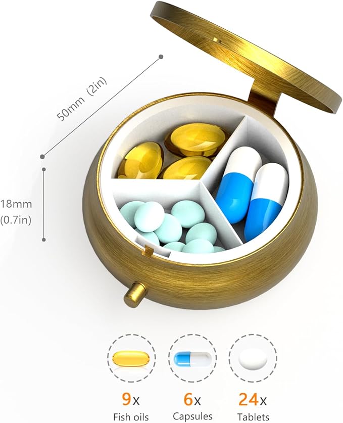 Small Pill Case Pill Box with Mirror Retro 3 Compartment Pill Holder for Purse or Pocket Bronze Portable Medicine Vitamin Container Fish Oil and Supplement Storage BPA-Free(Sunflowers)