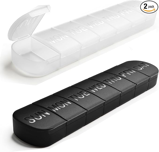 Large Weekly Pill Organizer, 2-Pack 7 Day Pill Box with Debossed Labels, Fade Resistant, BPA-Free Translucent Lids (White & Black)