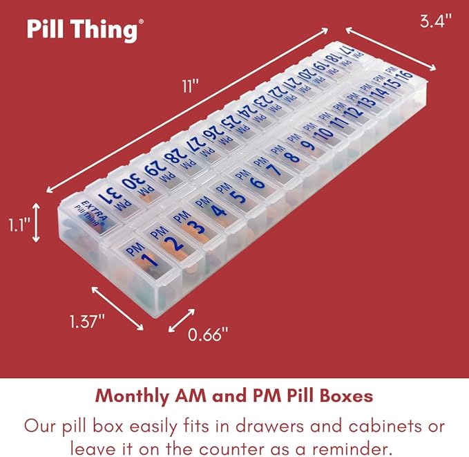 Twice-a-Day Monthly Pill Box Planner Set - AM & PM Medication Organizer for 31 Days! Set Contains 2 Organizers for One Month. (Clear/Blue - 31 Day AM/PM)