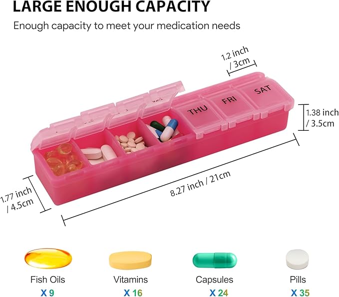 Silicone Weekly Pill Organizer 7 Day Pill Box Medicine Box Daily Arthritis-Friendly, Large Medicine Case Compact Travel Pill Container for Pill,Vitamin & Fish Oil (Pink)