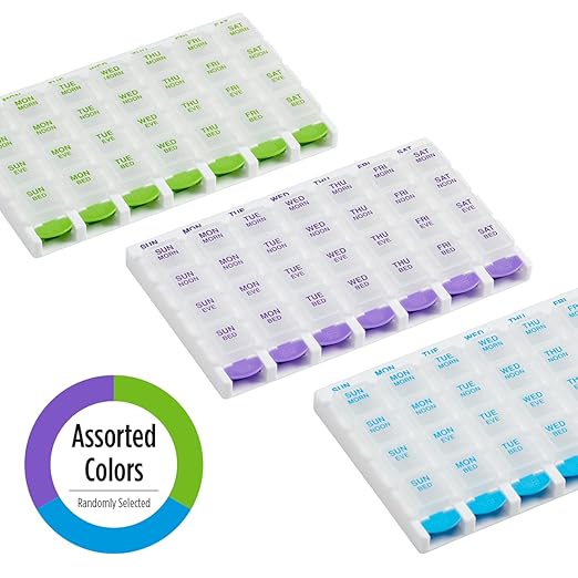 EZY DOSE Weekly (7-Day) Daily Pill Case, Medicine Planner, Vitamin Organizer Container, 4 Times a Day, Small Removable Compartments, Covenient and Easy to Use, Color May Vary, Clear Lids, BPA Free