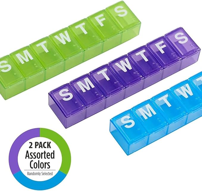 Ezy Dose Weekly (7 Day) Pill Organizer Case, Medium Compartment Vitamin and Medicine Box, Easy to Use (Large - 2 Pack - Colors Vary)