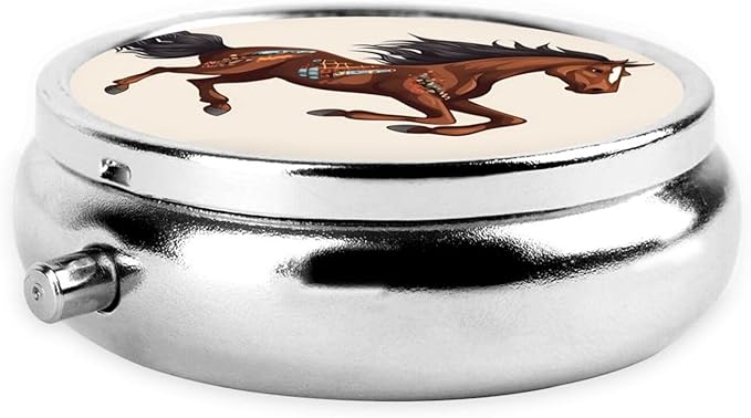 Brown Horse Pill Box 3 Compartment Round Portable Pill Case for Pocket or Purse Pill Holder Weekly Pill Organizer Decorative Metal Medicine Vitamin Organizer Travel Gift