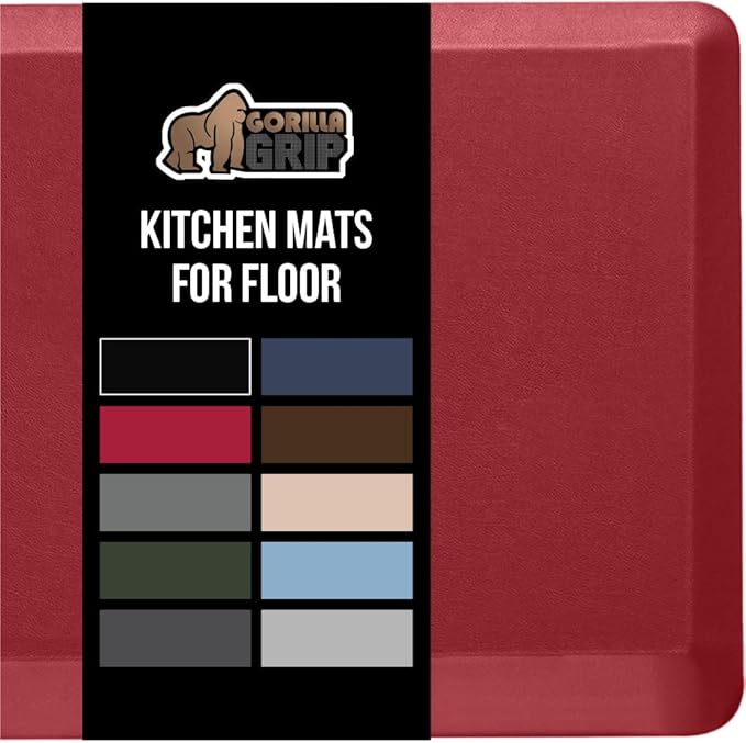 GORILLA GRIP Comfortable Cushioned Kitchen Mats for Floor, 39x20, Waterproof and Stain Resistant Soft Top, 3/4 Inch Thick Ergonomic Standing Desk Anti Fatigue Mat, Foam Supports Ankles and Feet, Red