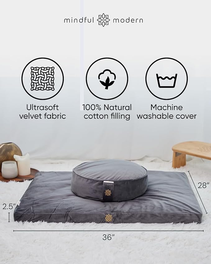 Mindful & Modern Zabuton Meditation Mat - Cotton Filled Yoga and Meditation Pad - Zabuton Meditation Cushion for Kneeling and Sitting Support - Large Rectangular Sitting Floor Pillow for Bench or Zafu