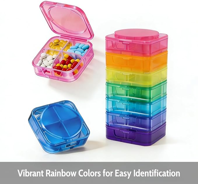 Stackable Weekly Pill Organizer with Detachable Box, Rainbow Color Coded 7 Day Pill Cases, 1 Times, 2 Times, 3 Times, 4 Times Travel Pill Box with Customizable Compartments (Rainbow)