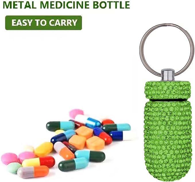 GOUWEIBA 2 Pieces Bling Pill Container Portable Pill Bottle Case Waterproof Travel Medicine Box Crystal Diamond Mini Pill Holder Storage with Keychain for Outdoor Camping Traveling (Blue, Green)