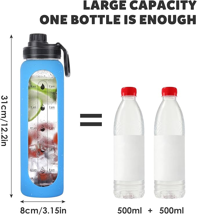 GIEMIT Glass Water Bottles 32oz with Silicone Sleeve Drinking Hydration Bottles Reusable Borosilicate Wide Mouth Motivational Water Flask Canteen with Time Marker Spout Lid and Brush (Blue)