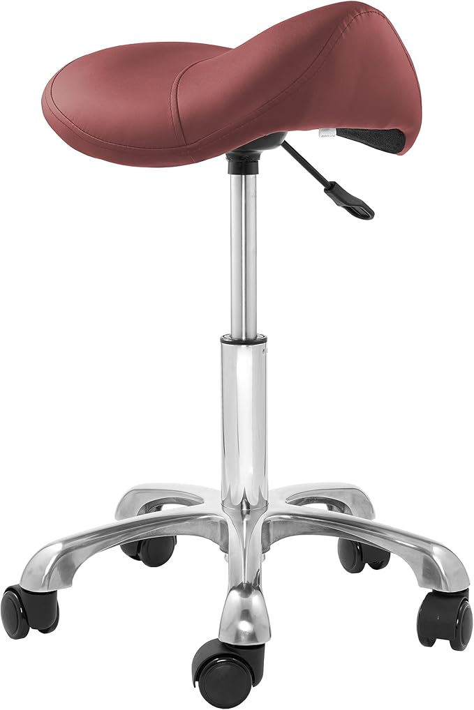 Saloniture Professional Ergonomic Saddle Stool, Burgundy - Adjustable Hydraulic Seat, Rolling Spa Salon, Massage, and Medical Office Chair with Swivel Wheels