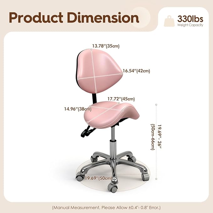 Saddle Stool Rolling Chair for Medical Massage Salon Kitchen Spa Drafting,Adjustable Hydraulic Stool with Wheels (Pink, with Backrest)