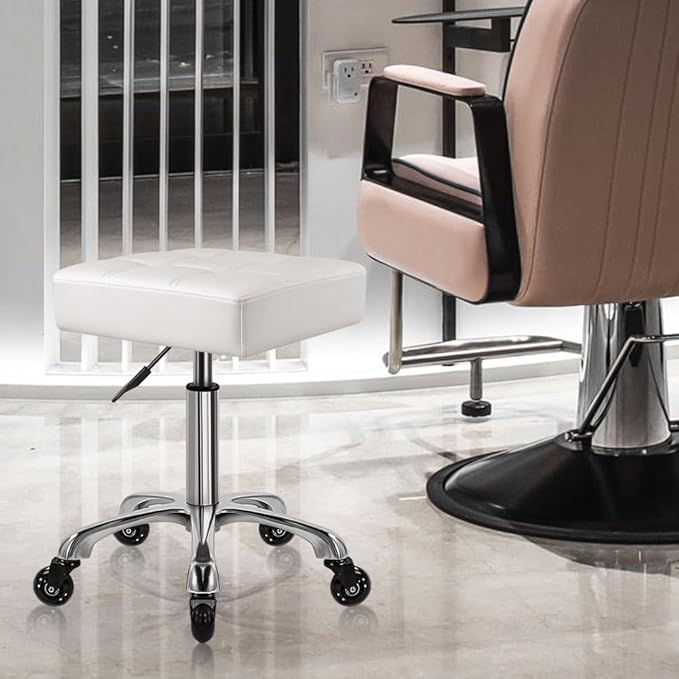 Modern Heavy Duty Rolling Stoool Square Thick Leather Seat 360 Swivel Stool with Wheels Height Adjustable Stool Chair for Home Kitchen Drafting Lab Office Salon Massage（White）