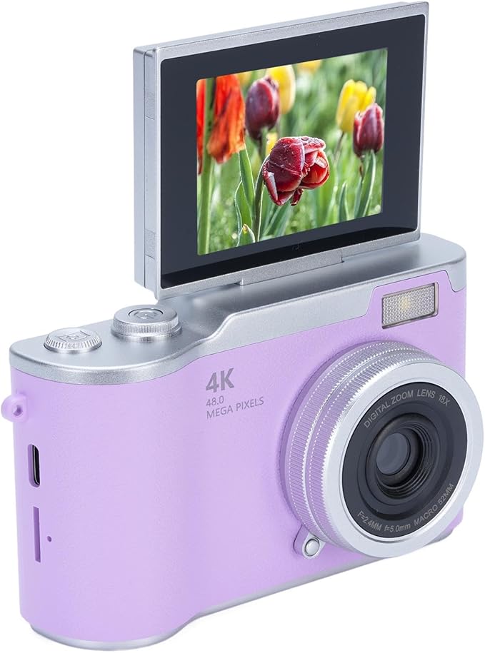 48MP Digital Camera, 1080P Video Camera, 8X Zoom, 2.4 Inch HD Flip Screen, LED Fill Light, Long Battery Life, with Multiple Functions for Entertaining Photography (Purple)