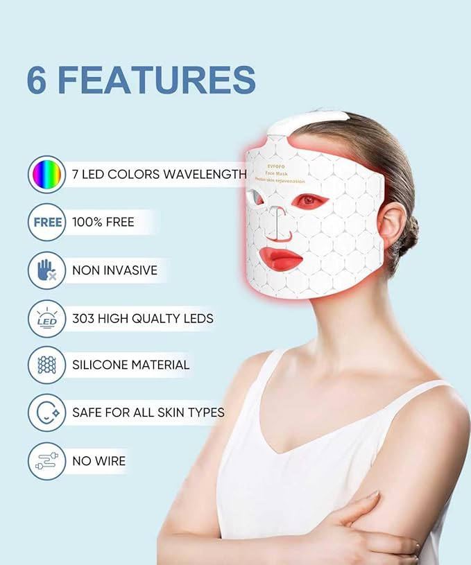 7 Color Red Light Therapy for Face, Cordless LED Face Mask Light Therapy, USB Rechargeable Red Light Therapy Mask for Skin Rejuvenation, Anti-Aging, Wrinkles & Acne, Home Skin Care