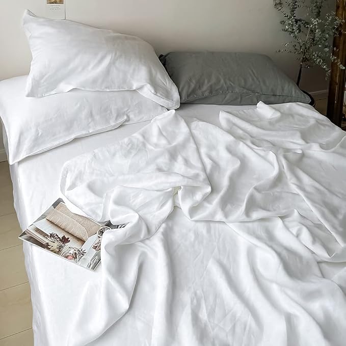 Simple&Opulence Washed Linen Bed Sheet Set Basic Style 4 Pieces (1 Flat Sheet & 1 Fitted Sheet & 2 Pillowcases) 100% Natural French Flax Soft Breathable Farmhouse Bedding (King, White)