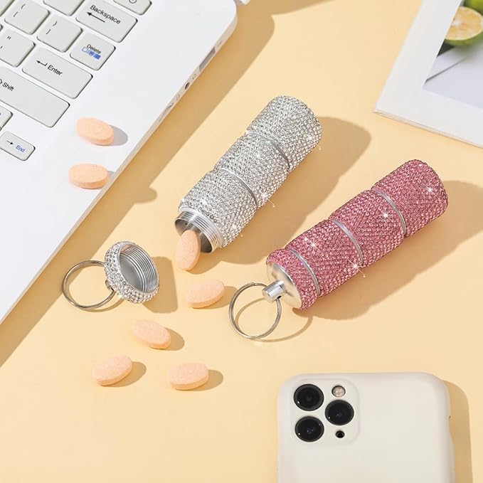 Rhinestone Mini Pills Organizer with Keychain, Portable 3 Compartment Small Travel Pill Holder, Waterproof Medicien Case Dispenser Bottle, Crystal Pocket Pill Box (White)