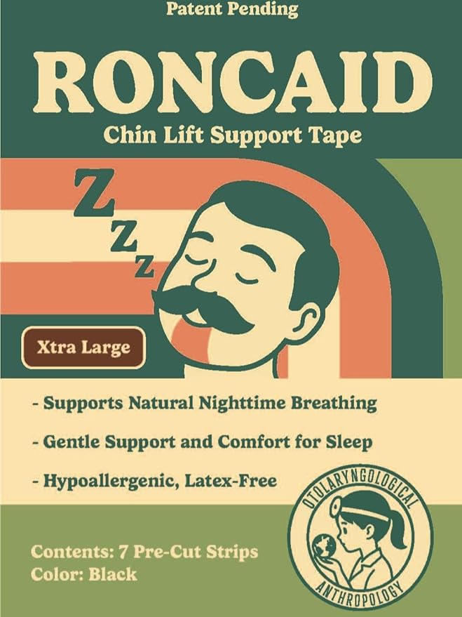 Roncaid Chin Lift Support Tape for Sleep - Black - 7 Pre-Cut Strips - Hypoallergenic, Latex-Free - Natural Nighttime Breathing Support (Xtra Large)