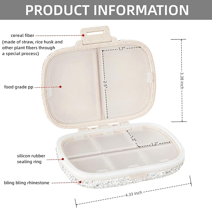 Cute Pill Organizer Small Bling Pill Case for Purse Medicine Vitamin Container Holder Daily Pill Box Container for Women Travel Medicine Kit(Peach)