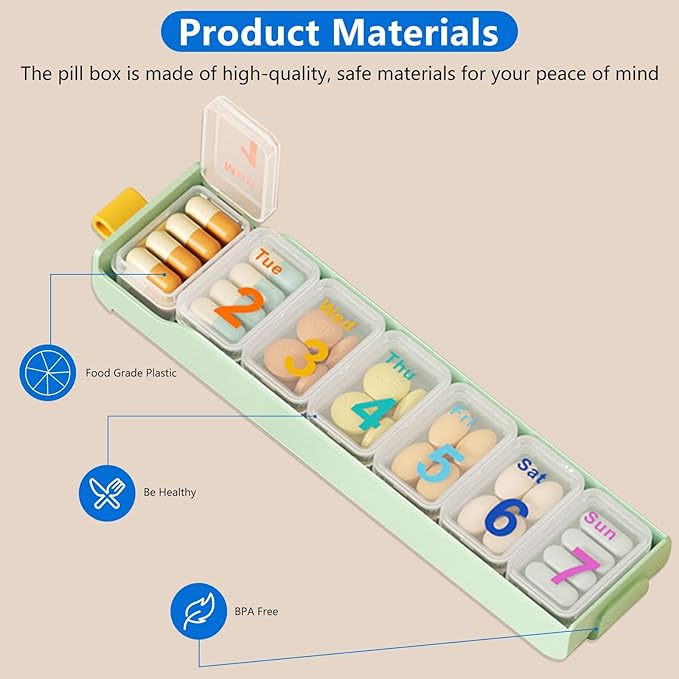 Daily Pills Organizer, Pill Box 7 Day, Weekly Pill Organizer Once A Day Vitamin Organizer, para Guardar Vitaminas, Fish Oils, Medicamentos, Suplementos, Etc (Greener)