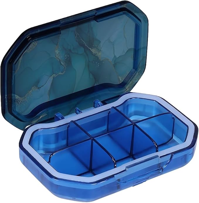 This Portable Teal Gold Marble Pattern 6-Compartment Pillbox Can Be Placed in A Pocket Or Wallet to Store Vitamins, Medicines Fish Oil Health Supplements Other Medications.